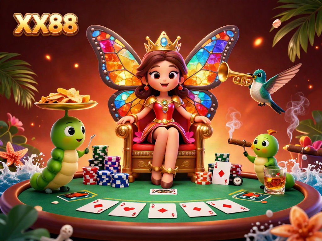 Experience thrilling gameplay at XX88 with colorful poker elements and enchanting characters.