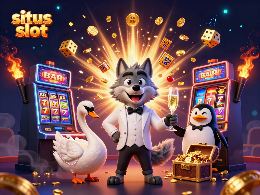 Experience situs slot excitement with a wolf, swan, and penguin at a jackpot casino scene.