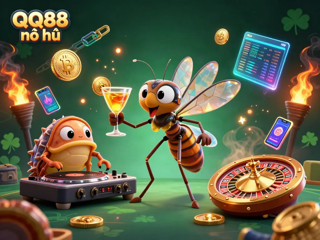 Engage in QQ88 nổ hũ with this vibrant 3D illustration showcasing unique casino elements and cryptocurrencies.