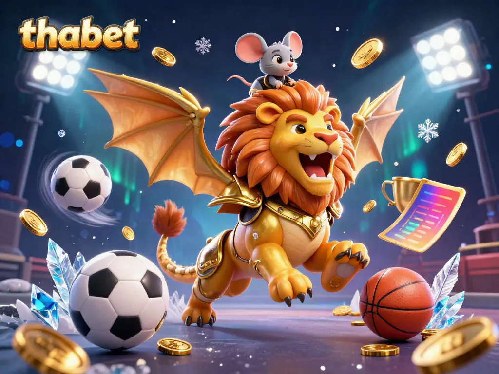 Experience thrilling games at thabet with a golden chimera and sports elements in a vibrant casino scene.