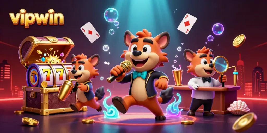 Experience fun at vipwin casino with hilarious hyenas performing, drinks flying around, and vibrant gaming elements.