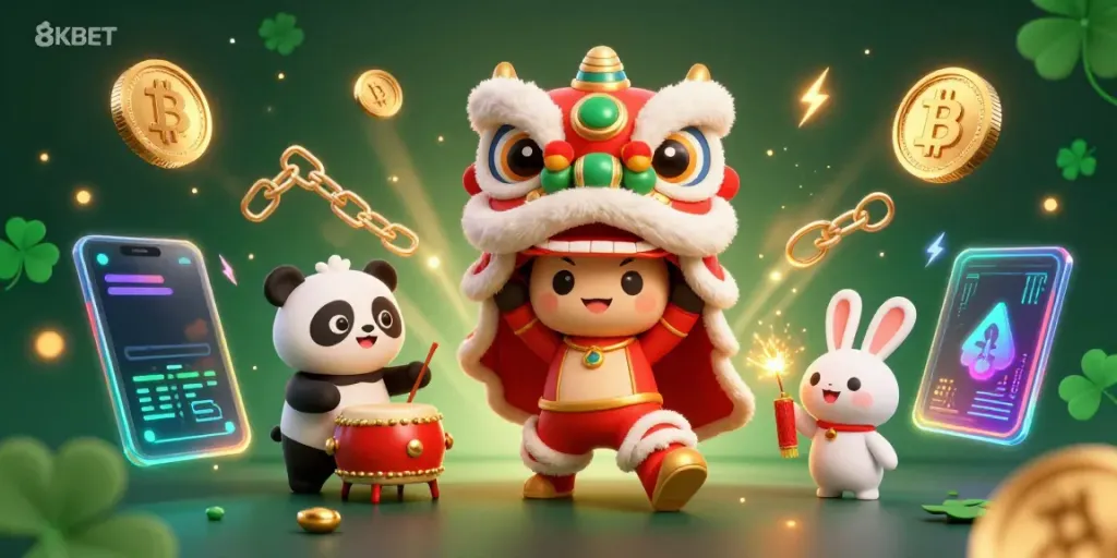 Engage with 8KBET through a vibrant 3D scene featuring lively characters and crypto gaming elements.