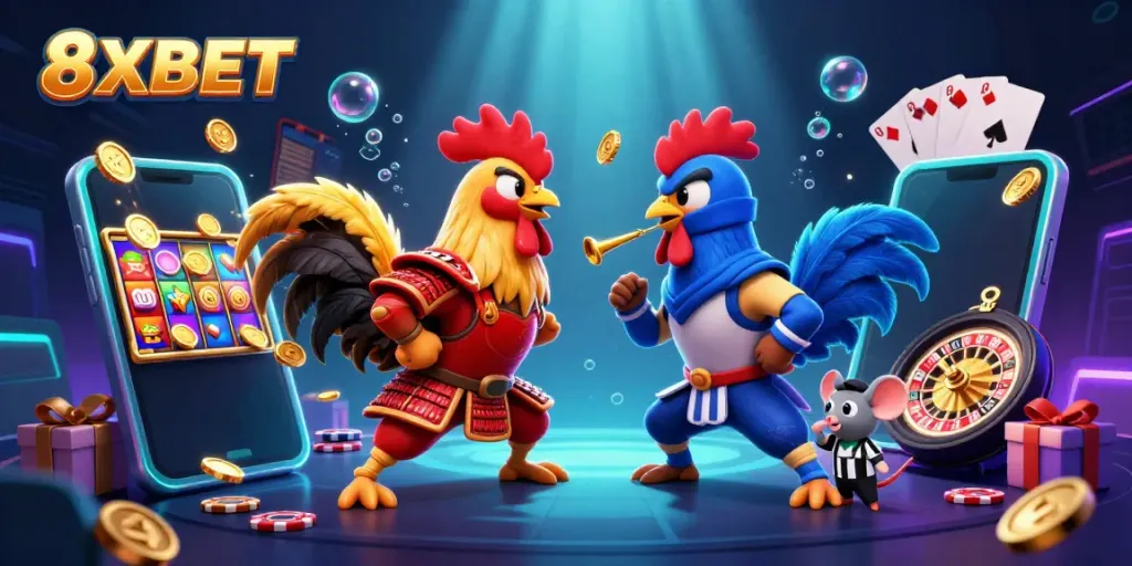 Witness 8XBET's thrilling showdown with samurai and ninja roosters in action, captivating online gaming!