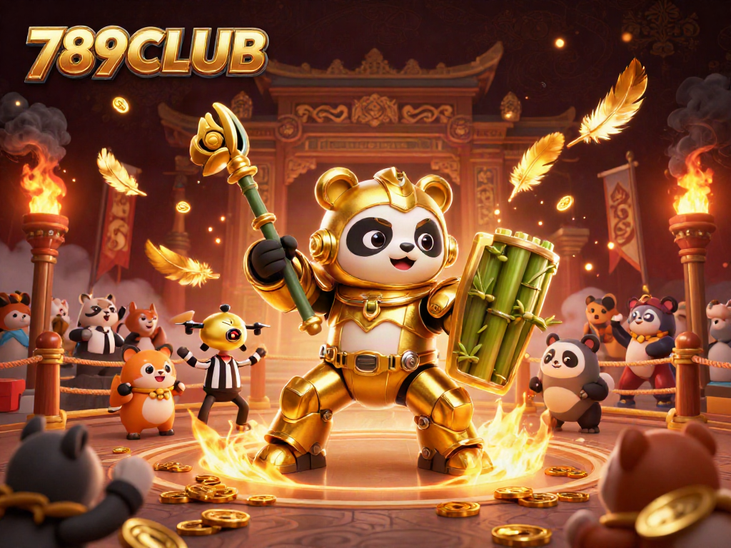 Join the action at 789CLUB, featuring a mech-suit panda in a vibrant casino battle arena.