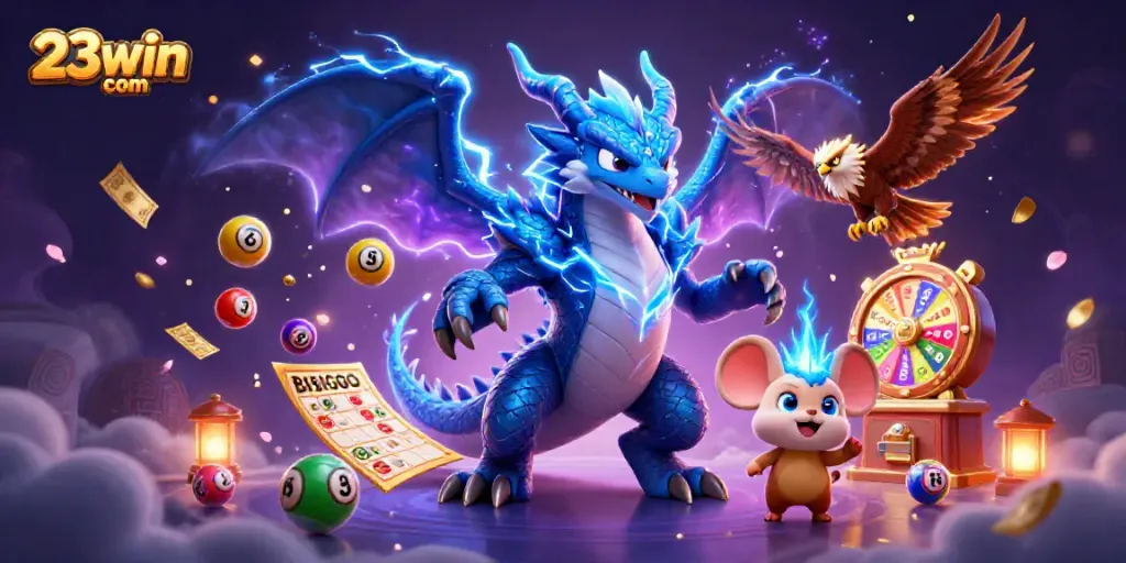 Engaging illustration for 23win com showcasing dynamic lottery elements and energetic characters.