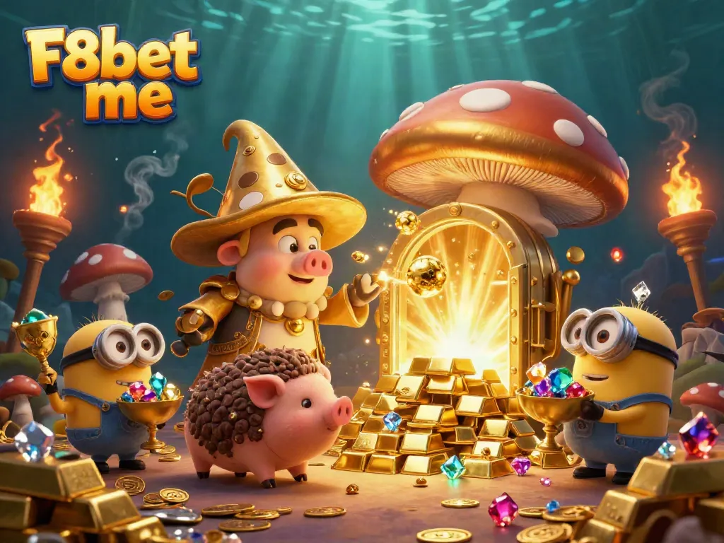 Engage with winning strategies at F8bet me in a vibrant, magical casino scene filled with gold treasures and enchanting characters.