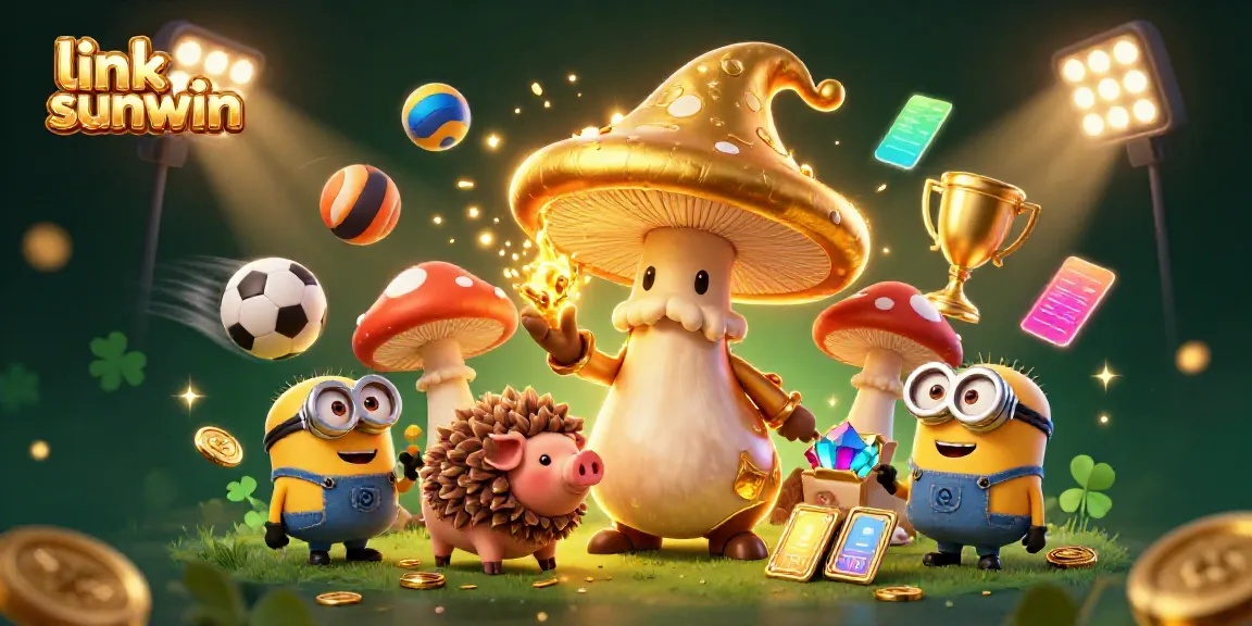 Experience thrilling action with link sunwin, featuring a magical golden mushroom wizard and treasure-hunting pig in a vibrant casino scene.