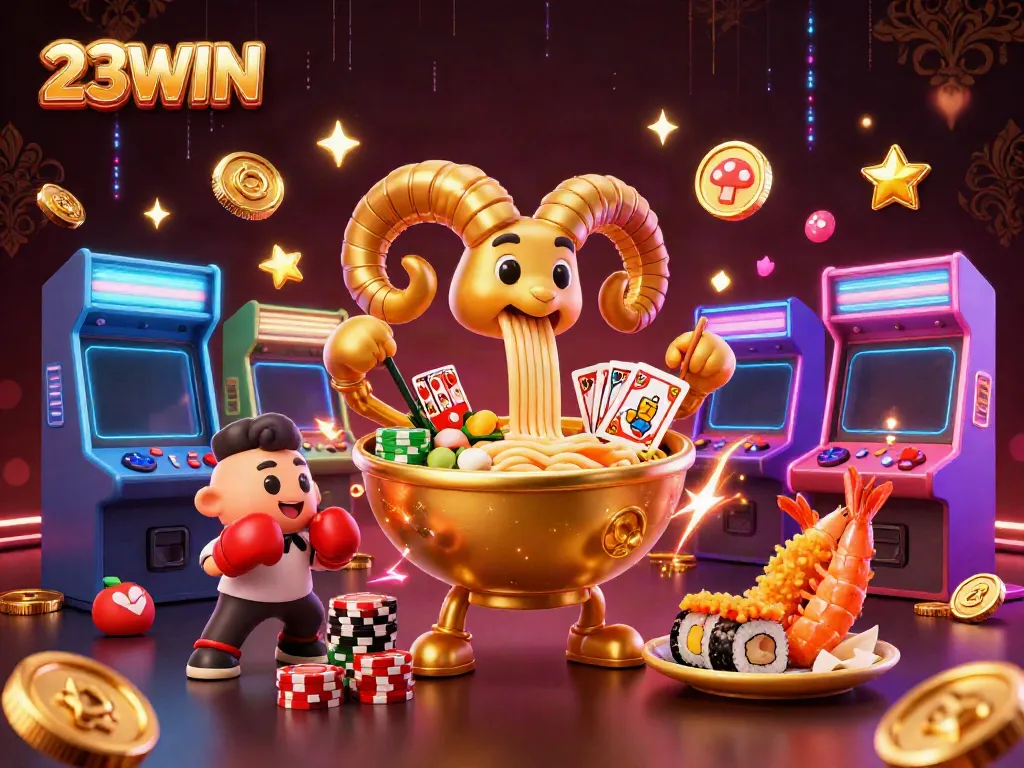 Engage in thrilling gameplay at 23WIN with a vibrant scene featuring characters and colorful gaming elements.