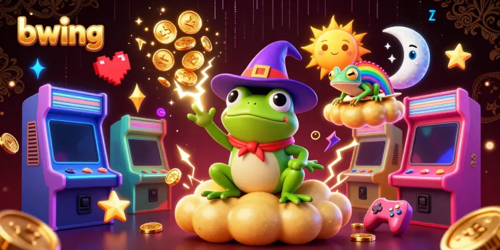 Engage with bwing's vibrant casino scene filled with golden coins, animated characters, and arcade elements.