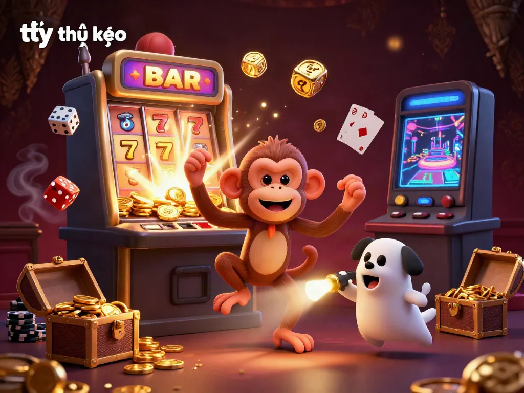 Experience the thrill of tỷ lệ kèo in this vibrant casino illustration with a mischievous monkey and ghost-hunter puppy.