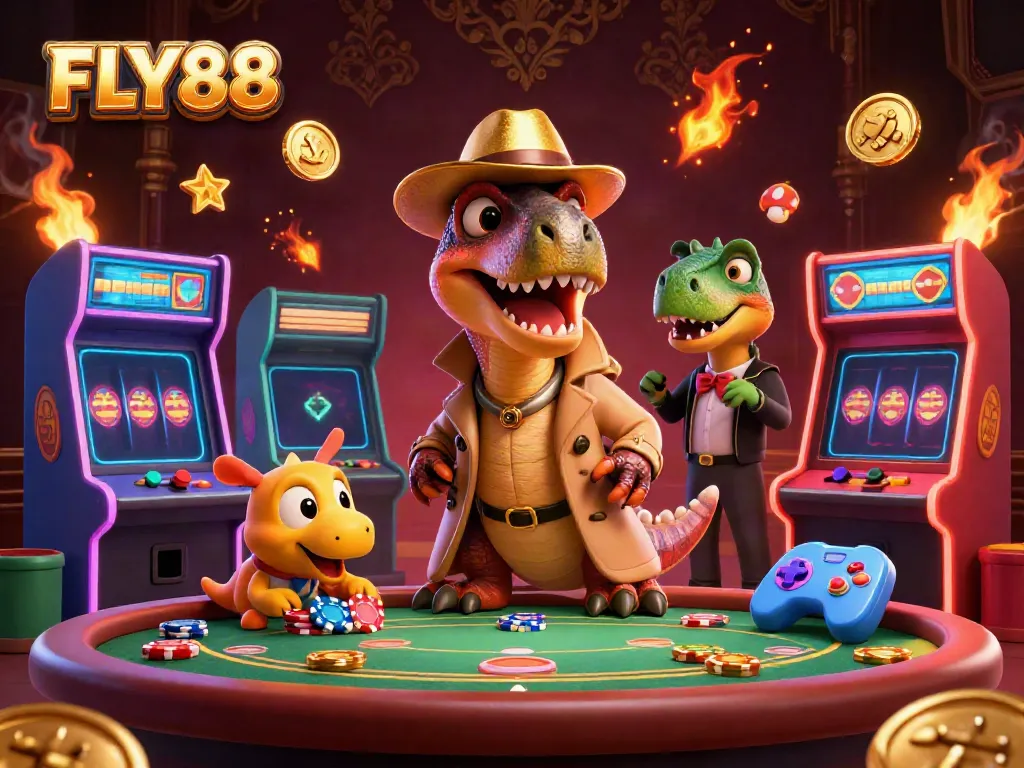 FLY88 showcases a lively 3D casino scene with a velociraptor card counter amid colorful game elements.