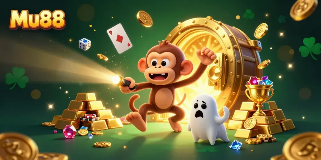 Experience thrilling adventures with Mu88, as mischievous characters juggle golden treasures in a lively casino.