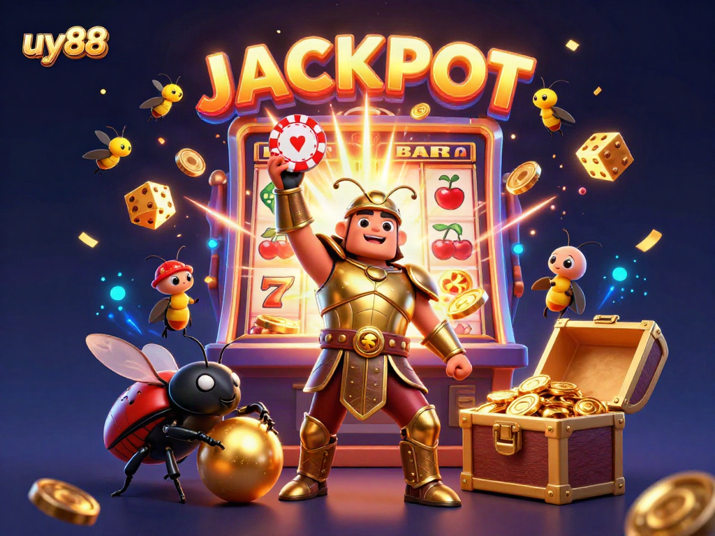 Experience the thrill of uy88 with a vibrant jackpot scene featuring cartoon beetles and a wealth of casino elements.
