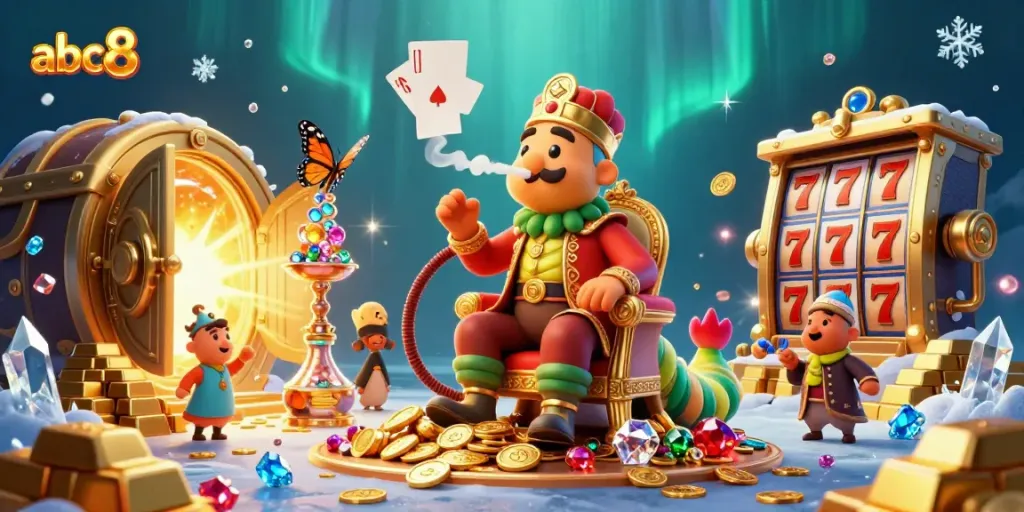 Experience thrill of abc8 with dynamic 3D casino illustration featuring characters and vibrant elements.