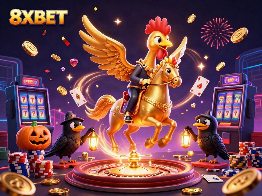 Immerse in 8XBET's vibrant casino scene with a golden rooster, glowing head, and casino treasures.