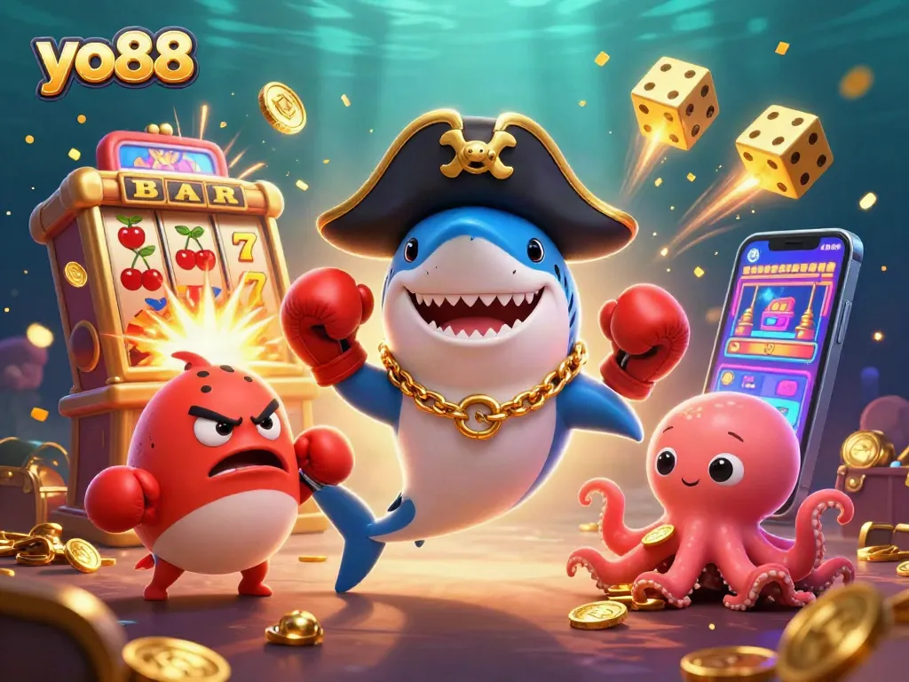 Experience thrill at yo88 with a cartoon shark, pufferfish, and octopus amid a jackpot explosion.