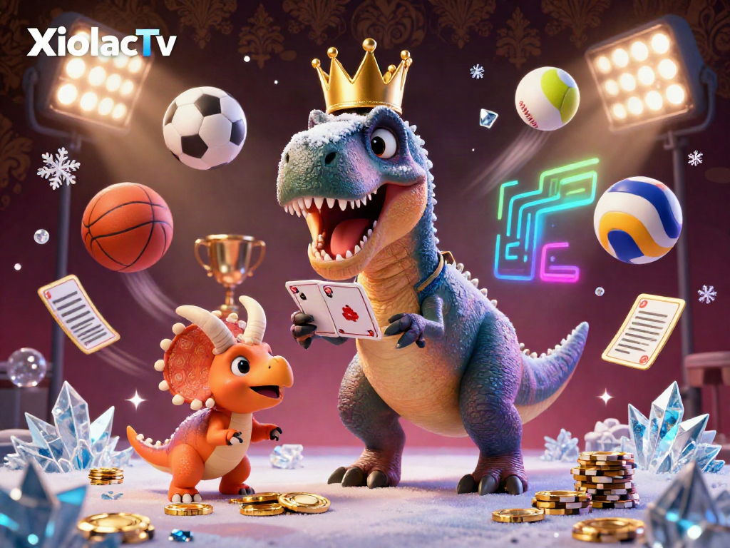 Experience live betting excitement with XoilacTv's dynamic cartoon scene featuring a T-Rex and friends in a casino-style illustration.