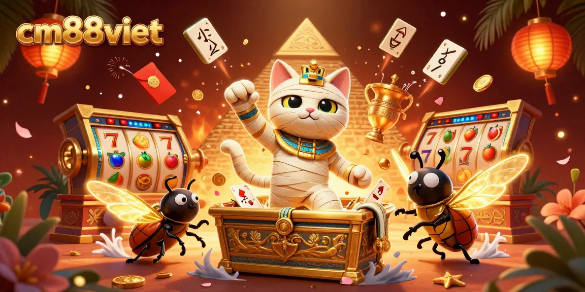 Experience thrilling gaming adventures with cm88viet as a cartoon mummy cat bursts into a vibrant casino landscape.