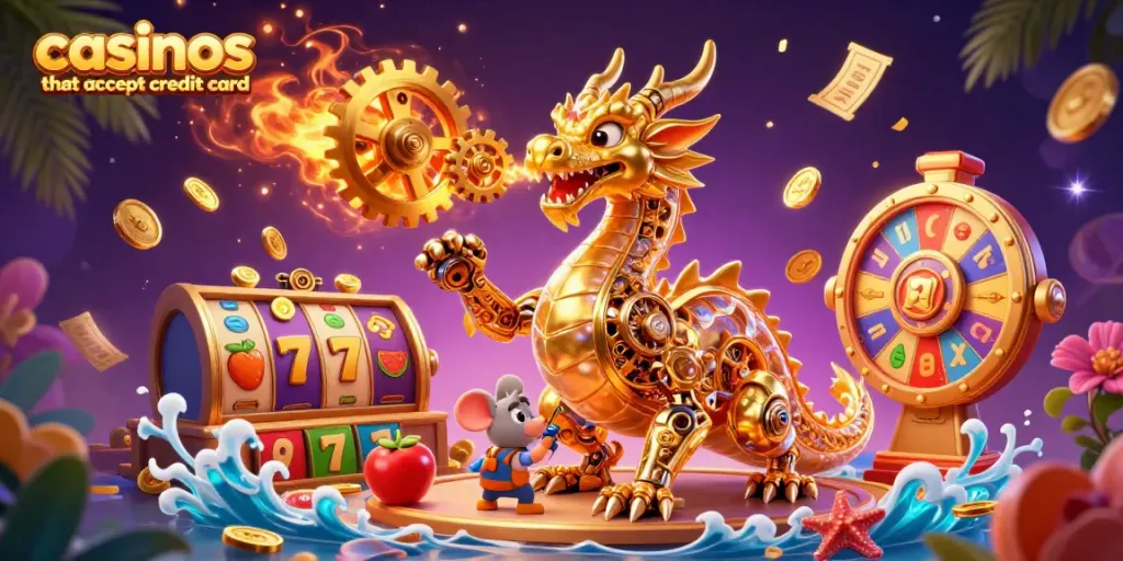 Experience excitement at casinos that accept credit cards, where a golden dragon breathes gears amidst vibrant slot game elements.