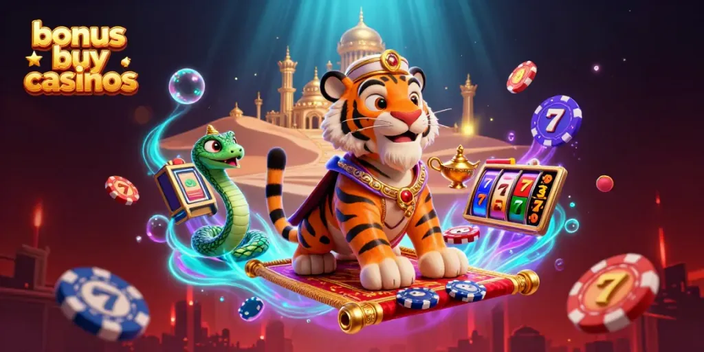 Engage with bonus buy casinos featuring a cheerful tiger sultan and a genie in a colorful 3D illustration.