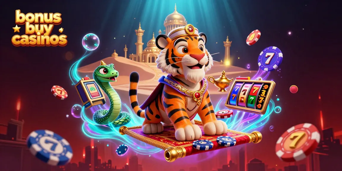 Engage with bonus buy casinos featuring a cheerful tiger sultan and a genie in a colorful 3D illustration.