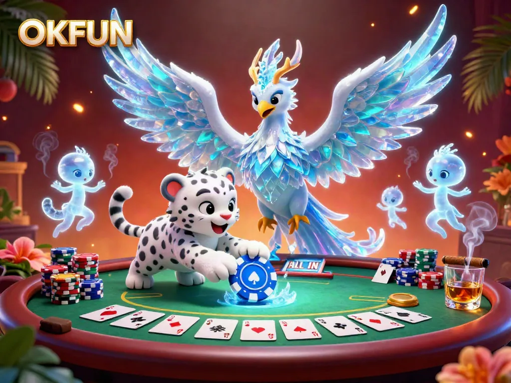 Experience the excitement of OKFUN where a dazzling ice phoenix and adorable snow leopard create dynamic moments at the poker table.