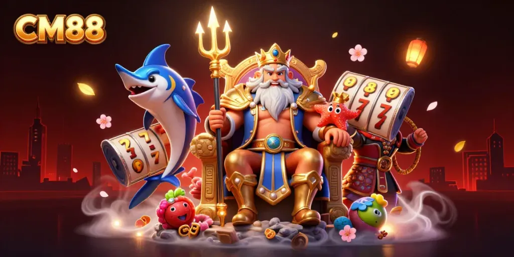 CM88 captures the excitement of a slot game with Neptune, vibrant symbols, and a dynamic scene.