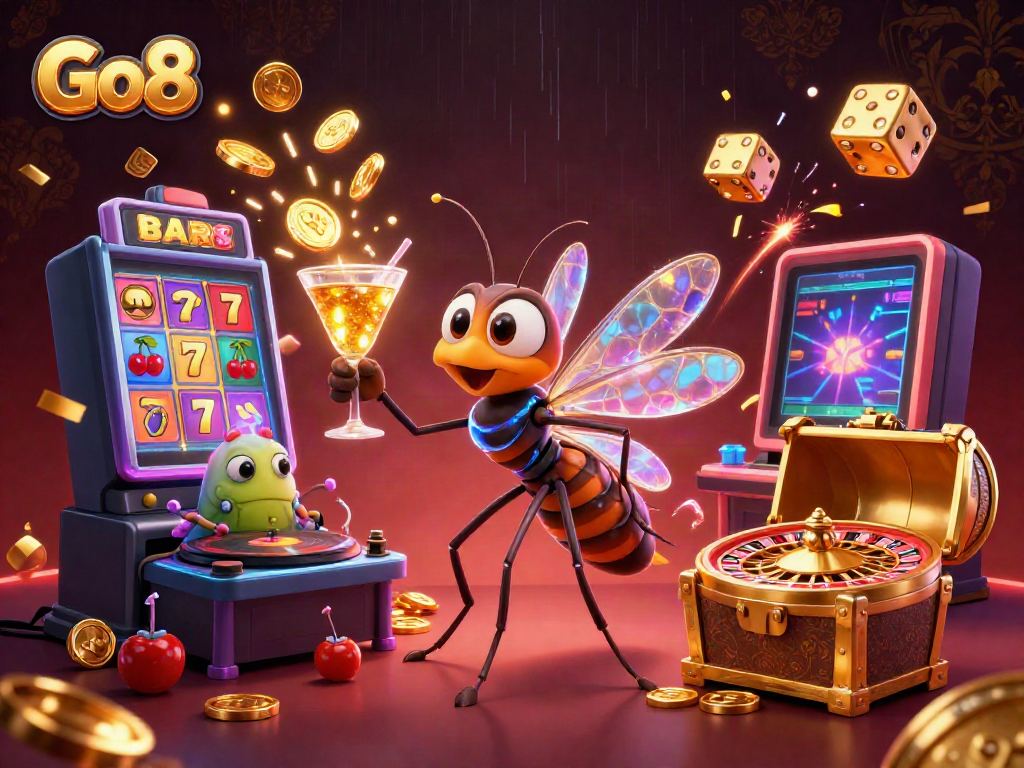 Go8 casino illustration featuring a lively mosquito mascot, trilobite DJ, and a spiral roulette wheel.