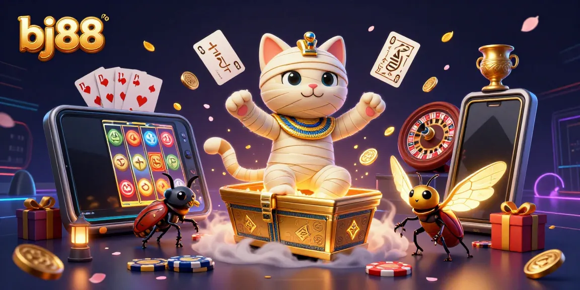 Experience the thrill of bj88 with a dynamic illustration of an Egyptian mummy cat in a vibrant casino setting.