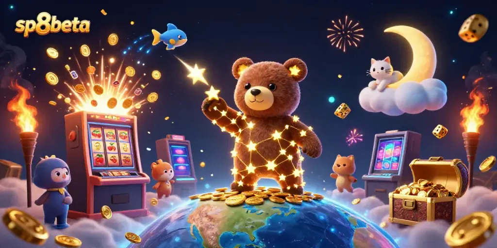 Experience the magic of sp8beta with a vibrant 3D casino scene featuring a constellation bear and dynamic slots.