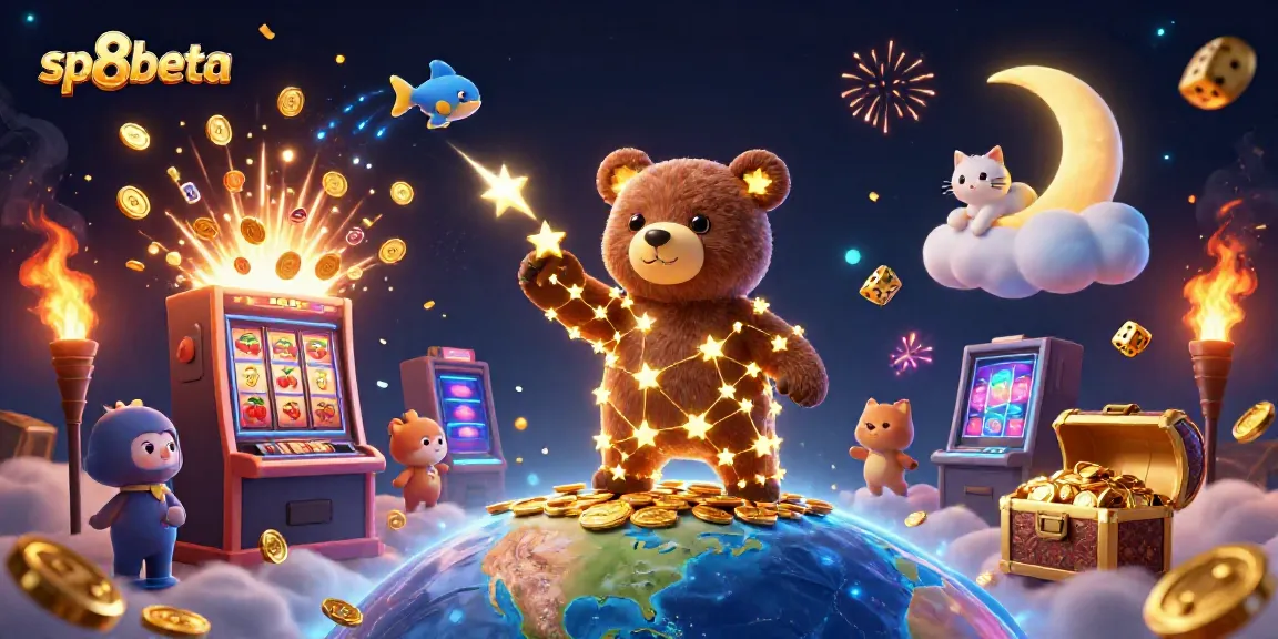 Experience the magic of sp8beta with a vibrant 3D casino scene featuring a constellation bear and dynamic slots.