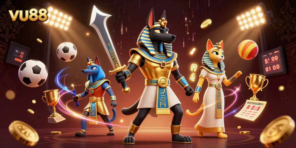 vu88 showcases a vibrant scene with Anubis and sports elements celebrating winning moments.