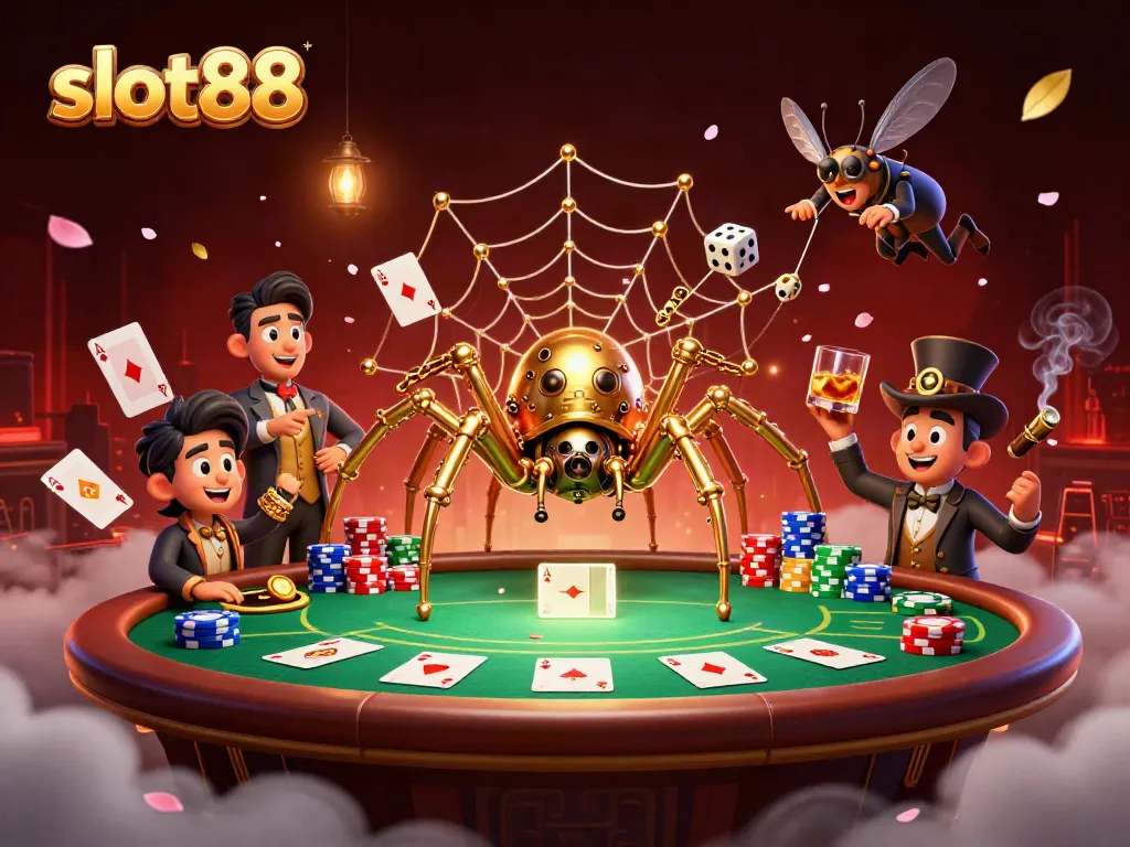 Engage with slot88 through an exciting 3D illustration of a steampunk spider and poker elements.