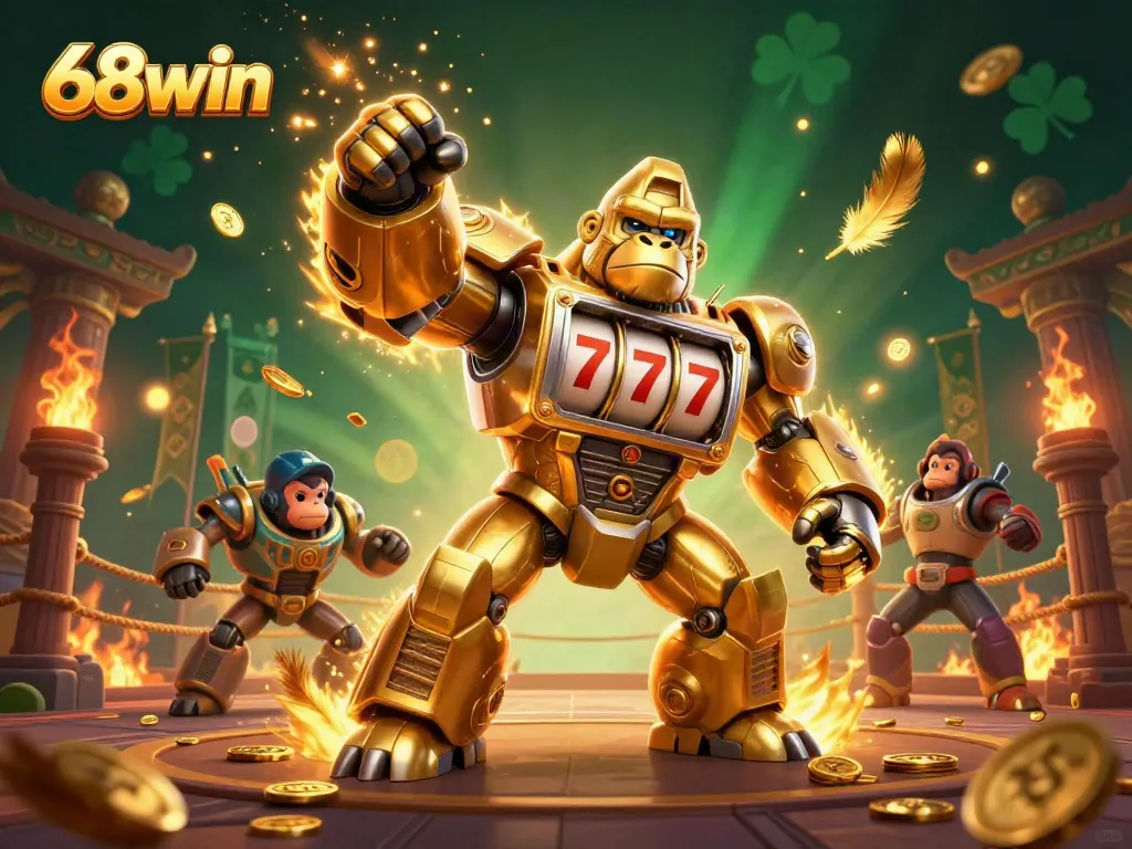 Experience thrilling games at 68win with a stunning golden gorilla mech illustration.