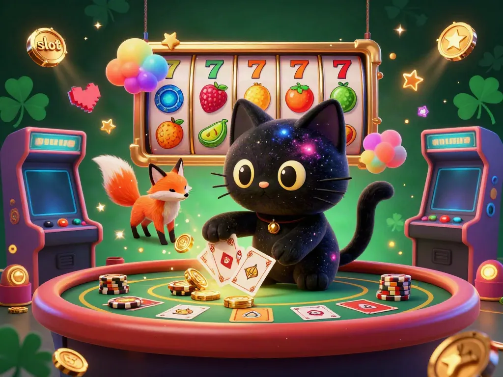 Experience exciting slot gameplay with a cosmic cat theme, golden chips, and colorful symbols.