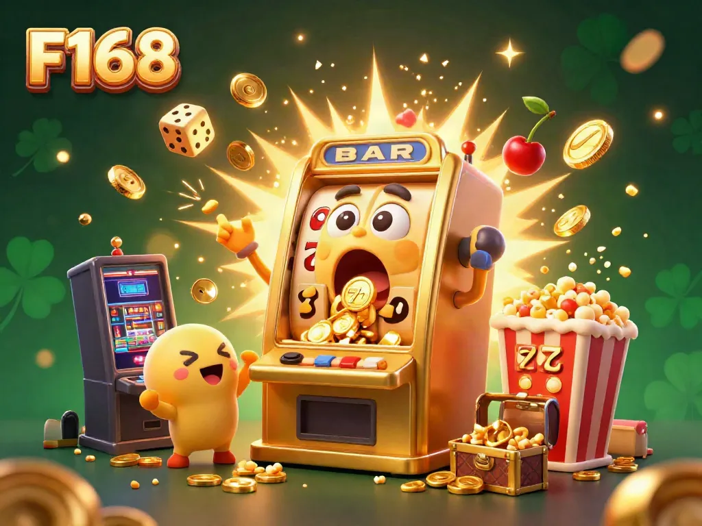 F168 slot machine celebrates a huge jackpot win with golden coins spilling out, creating excitement.