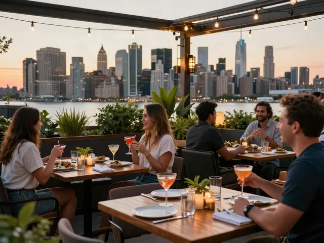 Guests savoring gourmet meals at NoHu rooftop during sunset.