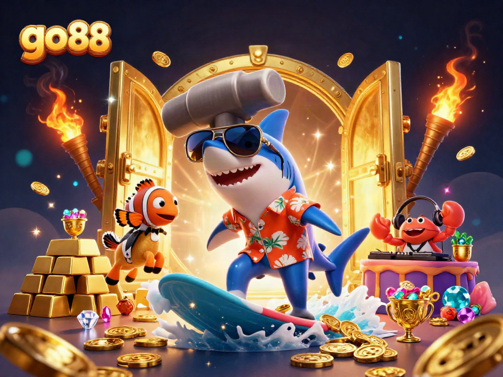 Engage with go 88 as a hammerhead shark surfs gold coins in a vibrant casino scene.