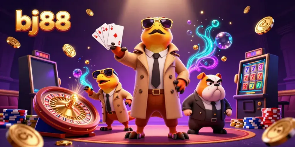Experience fun gaming at bj88 with cartoon raptors entering a casino, surrounded by sparkling gems and coins.