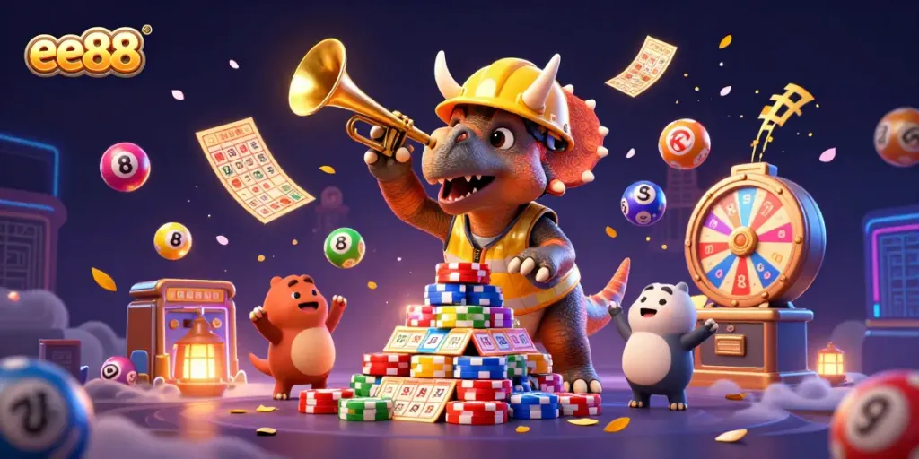 ee88 enhances gaming with vibrant lottery celebration featuring triceratops and animations.