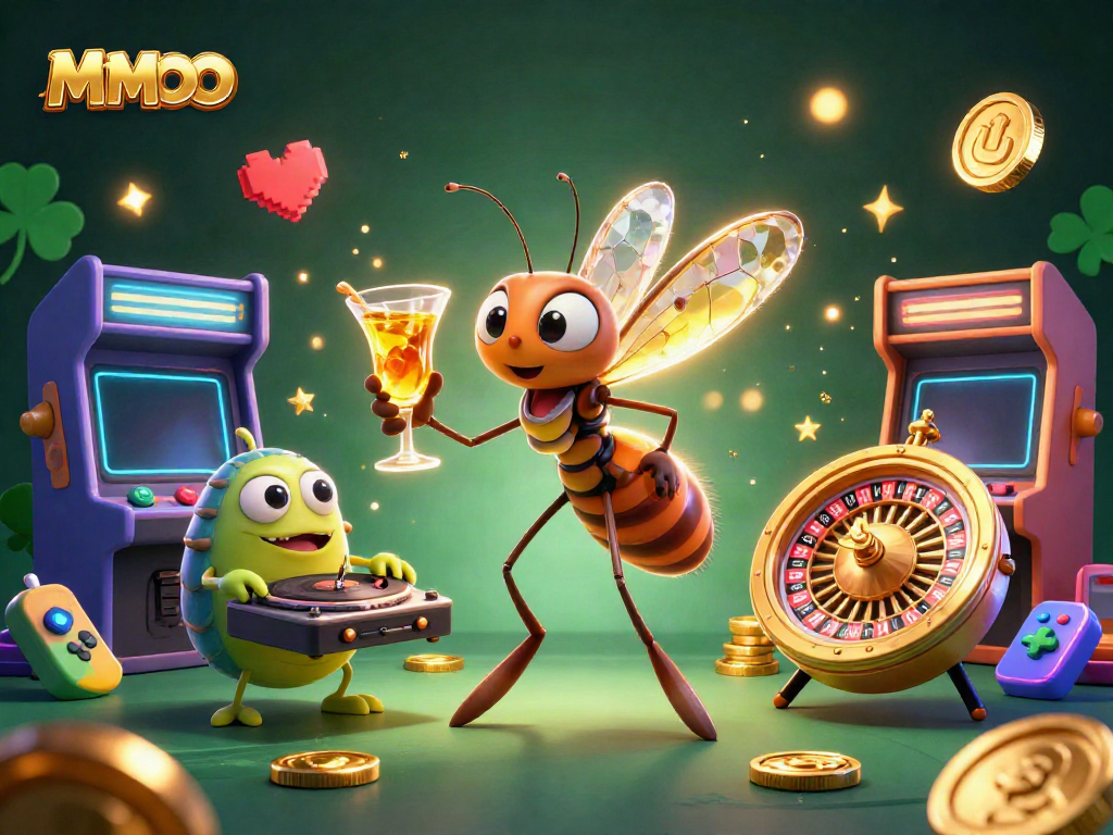 Engage with MMOO at the vibrant casino scene featuring unique characters and games.