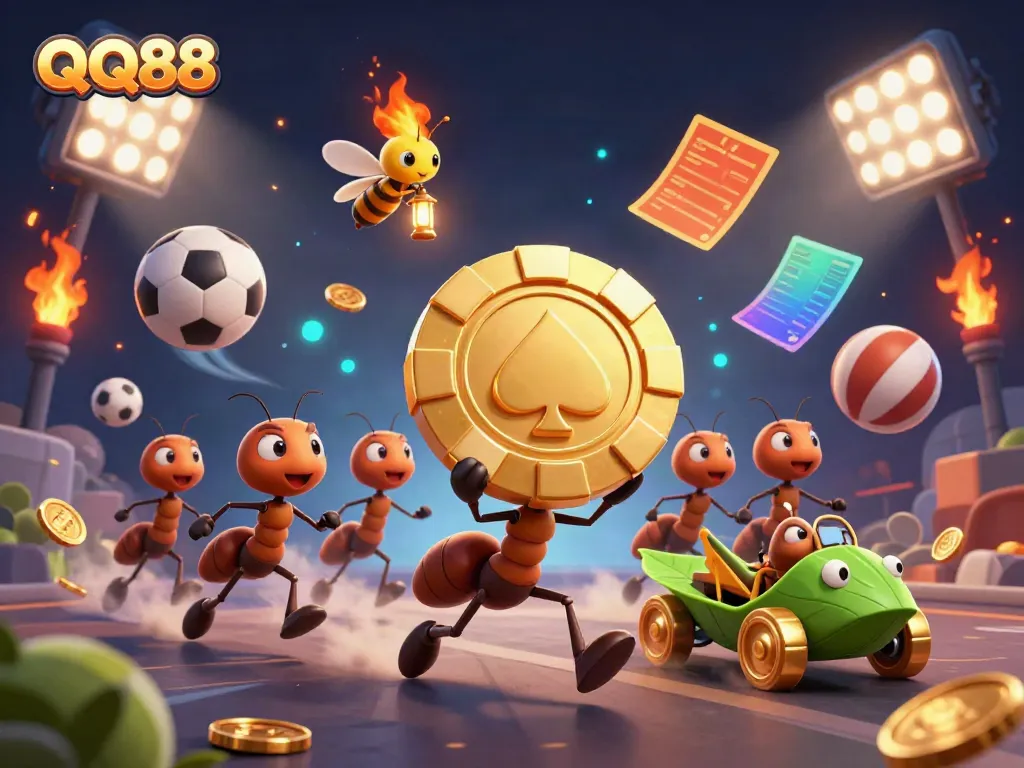 Experience the thrill of QQ88 with a team of ants on a heist, showcasing a dynamic gambling scene.