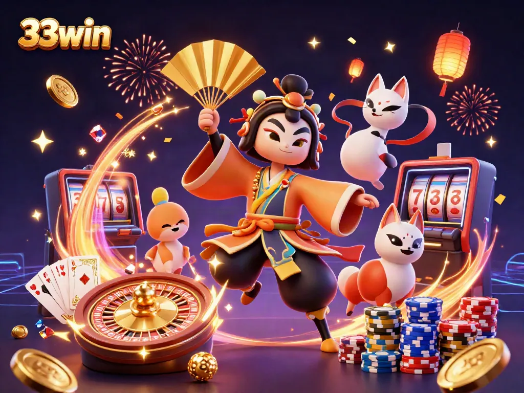 Experience the thrill of 33win with vibrant casino action and iconic characters in a dazzling illustration.
