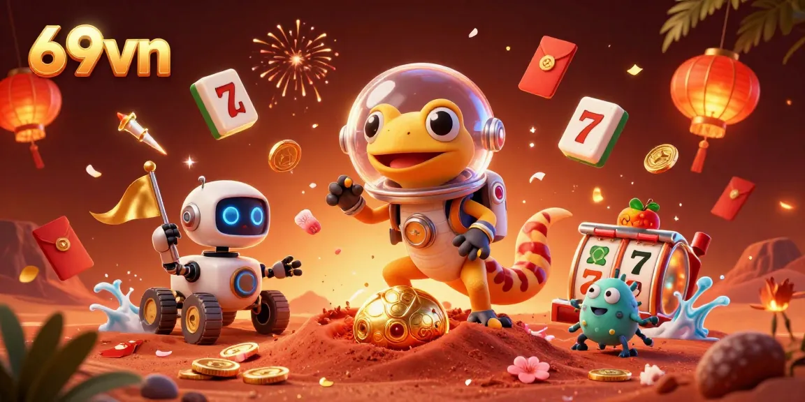 Experience the thrill of 69vn with a Martian gecko exploring a golden casino amid dynamic slot reels and vibrant game elements.