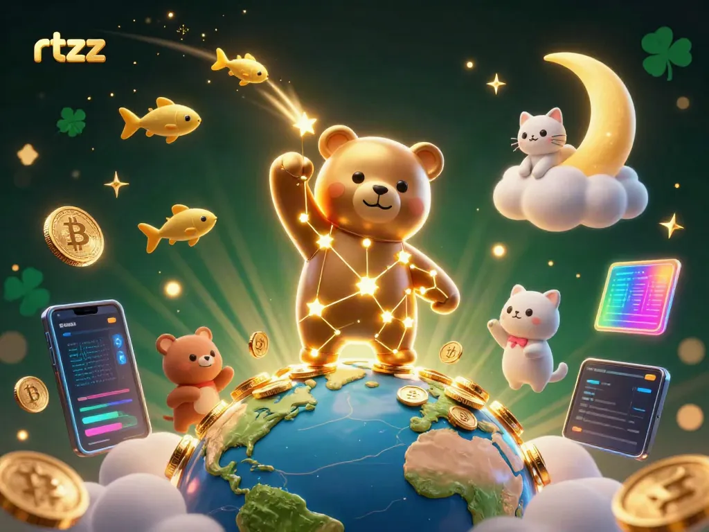 Engage with rtzz on an exciting 3D gaming adventure featuring constellation elements and cryptocurrency icons.