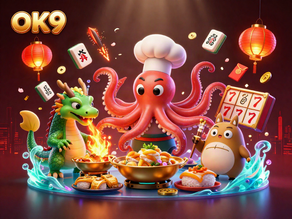 Engage with OK9's exciting casino universe in a dynamic 3D illustration featuring vibrant elements and characters.