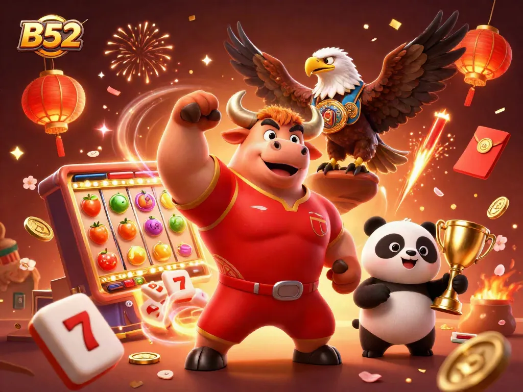 Experience thrilling B52 slots with vibrant visuals and festive celebration elements in this dynamic 3D illustration.