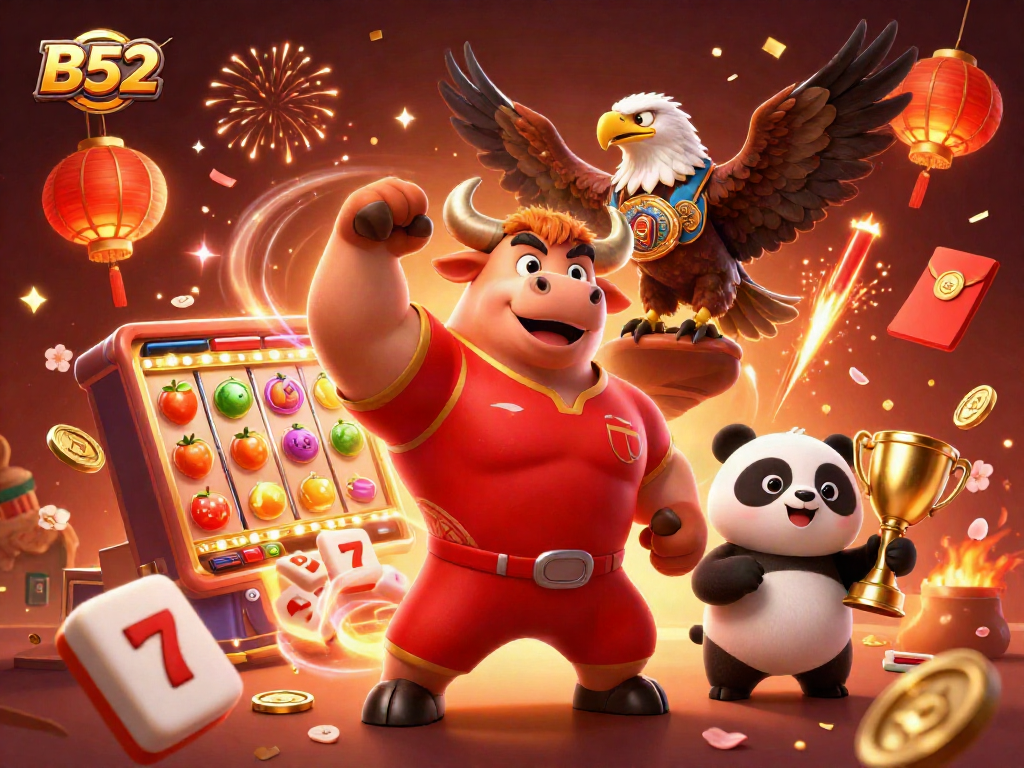 Experience thrilling B52 slots with vibrant visuals and festive celebration elements in this dynamic 3D illustration.