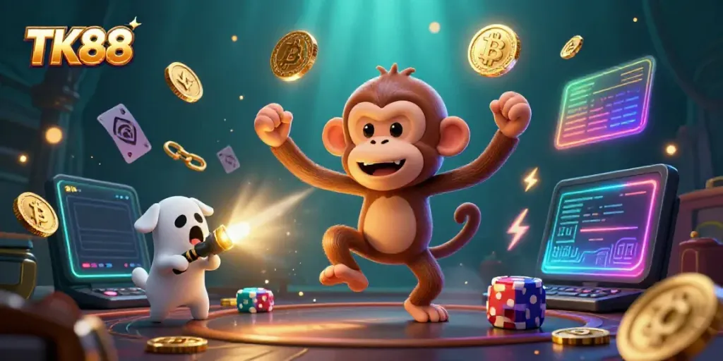 Engage in thrilling gaming with TK88's vibrant 3D animated casino scene featuring a playful ghost-hunter puppy.