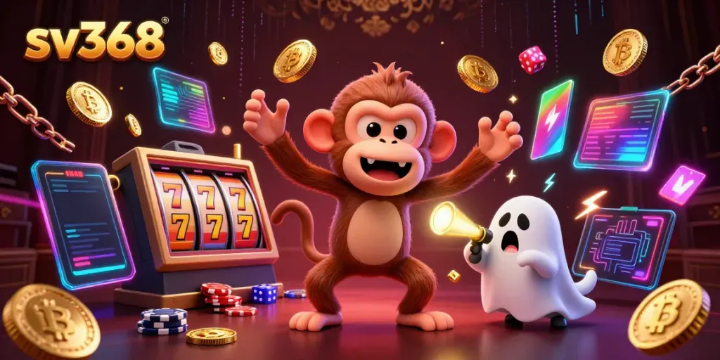 Experience the thrilling gaming world of sv368 with a poltergeist monkey and ghost-hunter puppy in a vibrant casino.